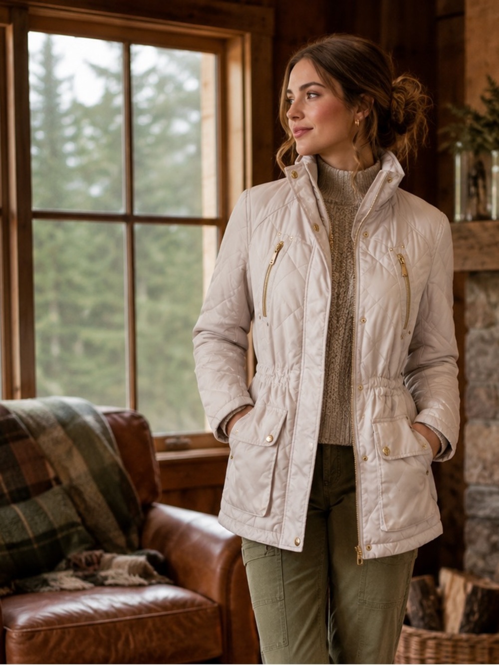 BCBGENERATION Classic Quiet Luxury Khaki Colored Diamond Quilted Jacket, S